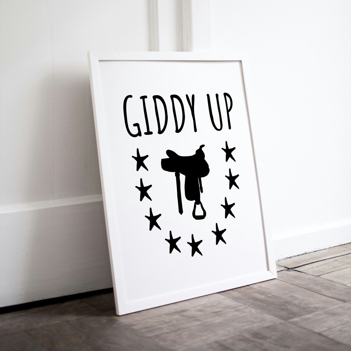 Giddy Up Cowboy Saddle Star Hand Lettered Western Nursery Decor Poster