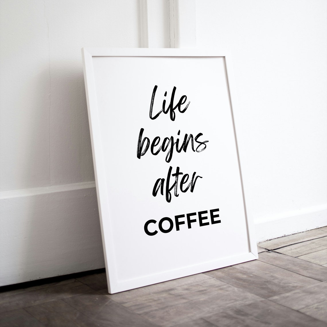 Life Begins After Coffee Black Script Funny Kitchen Decor Poster