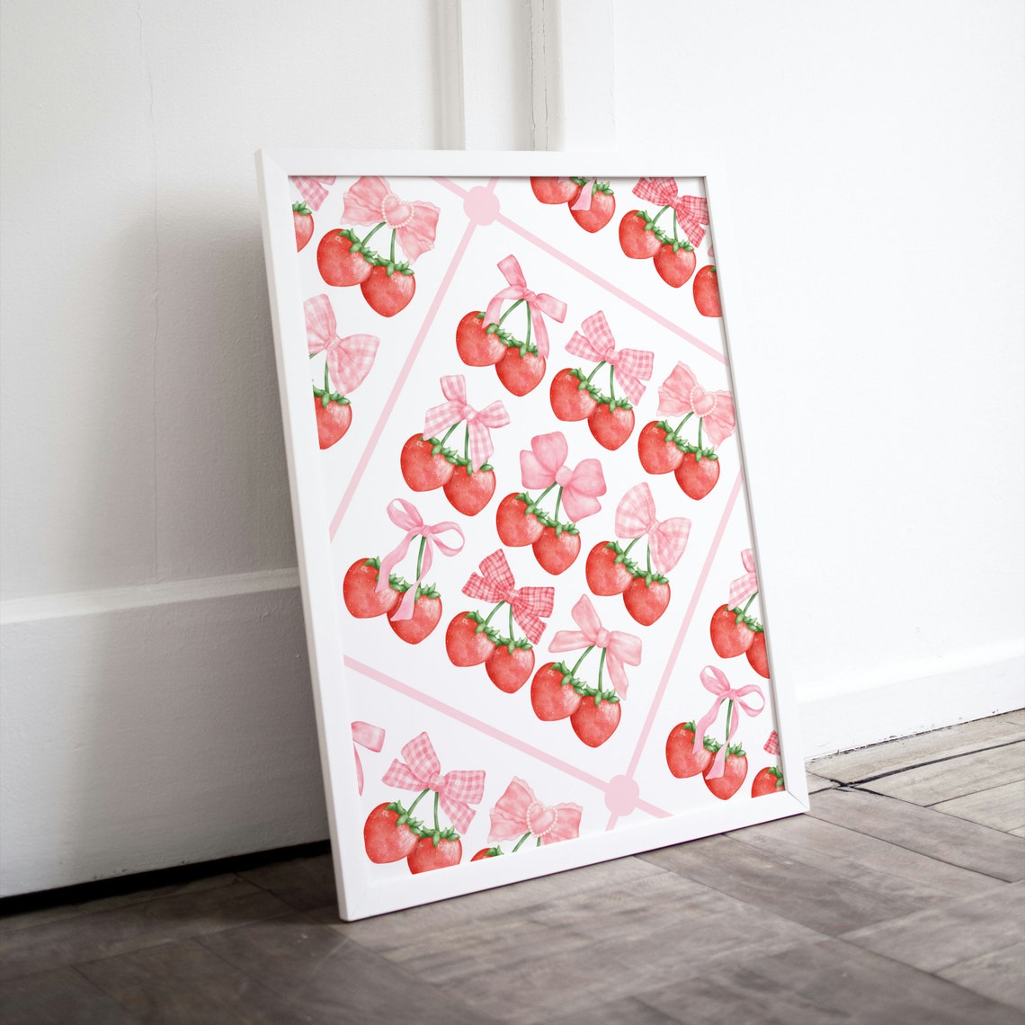 Strawberries With Pink Bows Coquette Pattern Aesthetic Wall Poster - Image 2