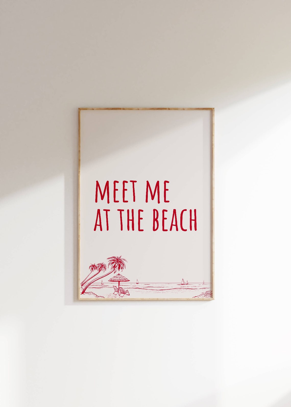 Meet Me At The Beach Red Typography Palm Tree Coastal Wall Poster