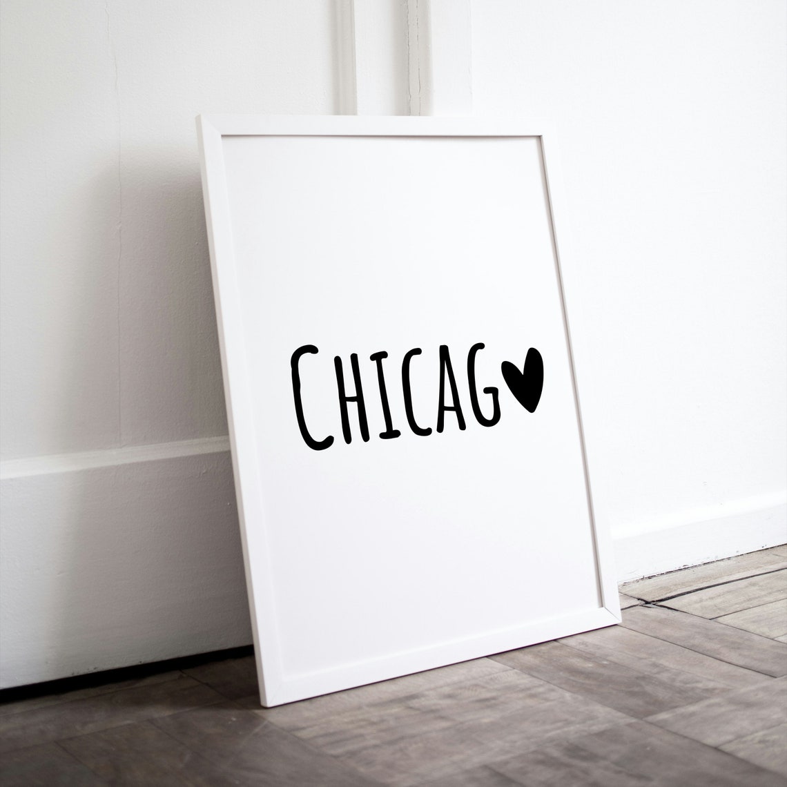 Chicago Heart Typography Minimalist Black White City Lover Wall Poster