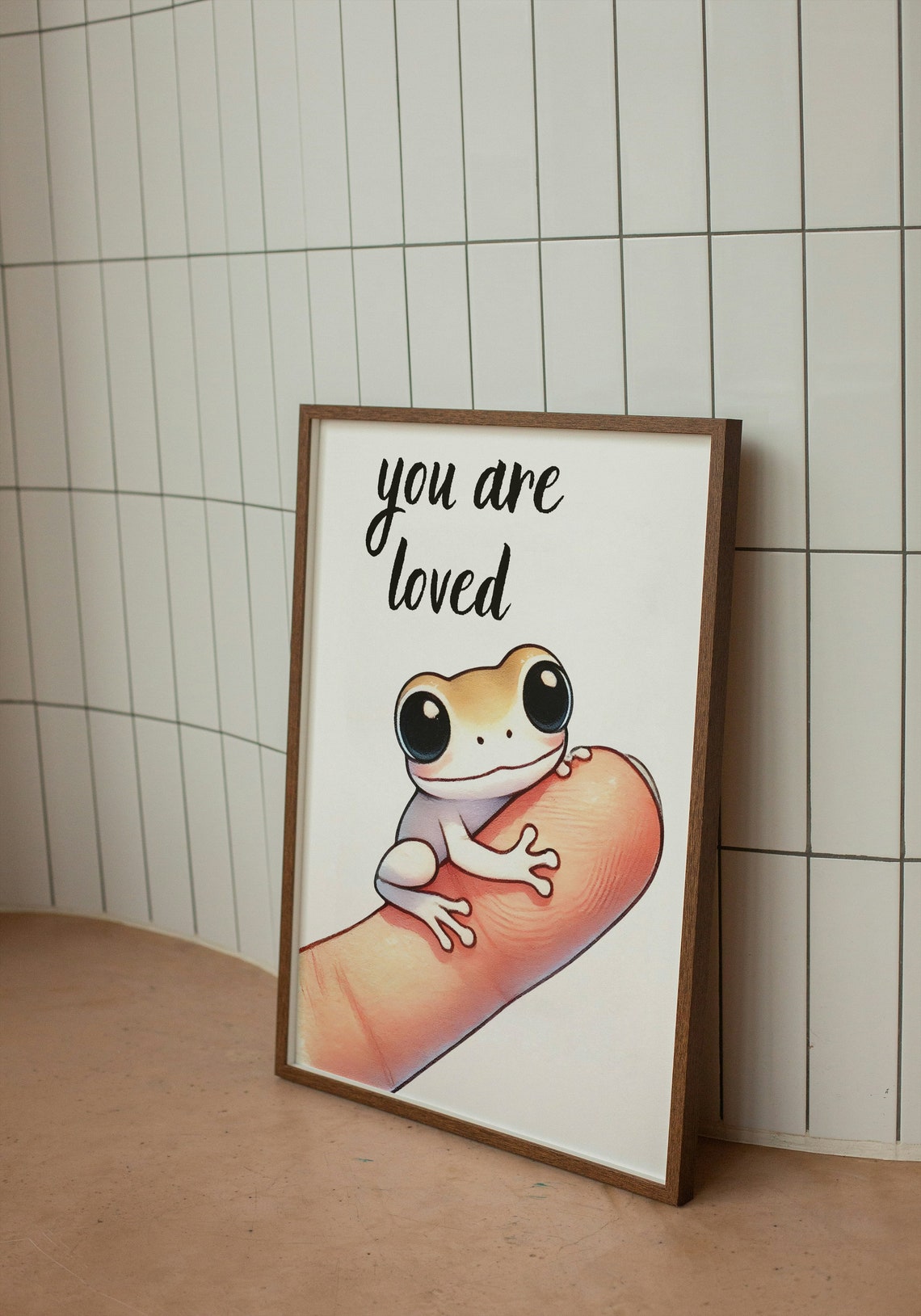 You Are Loved Adorable Tan Frog Hugging Finger Affirmation Poster - Image 2