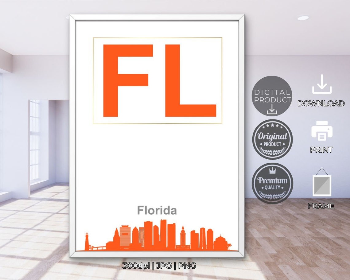Florida FL Orange Typography Skyline Silhouette State Pride Poster