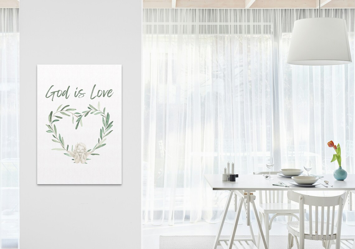 God Is Love Heart Wreath Watercolor Cherub Christian Faith Poster - Image 3
