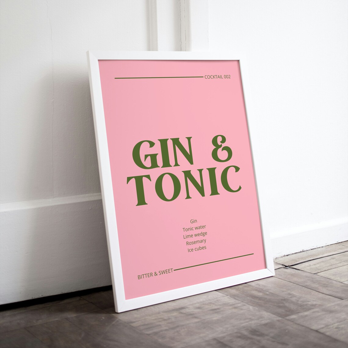 Gin and Tonic Cocktail Recipe Pink Green Minimalist Bar Kitchen Art Poster - Image 2