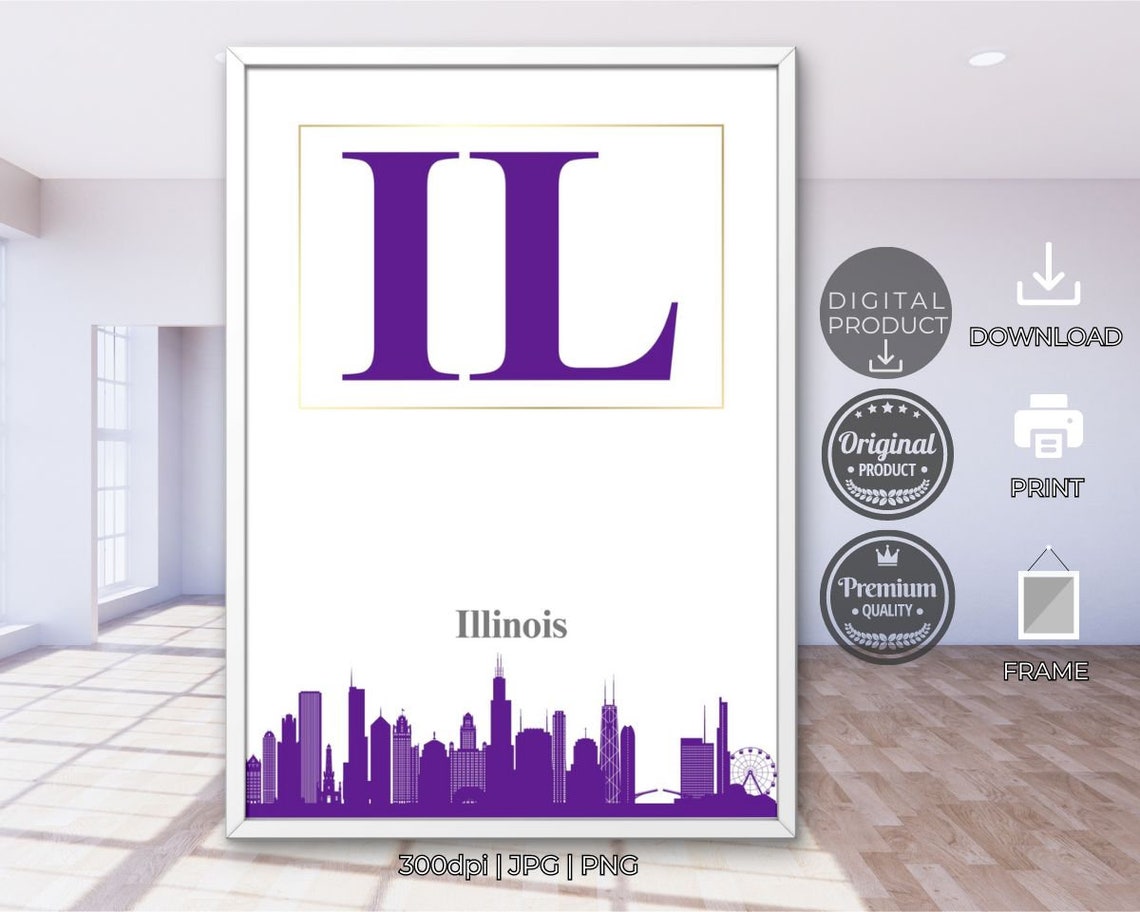 Illinois IL Purple Typography Skyline Silhouette State Pride Poster