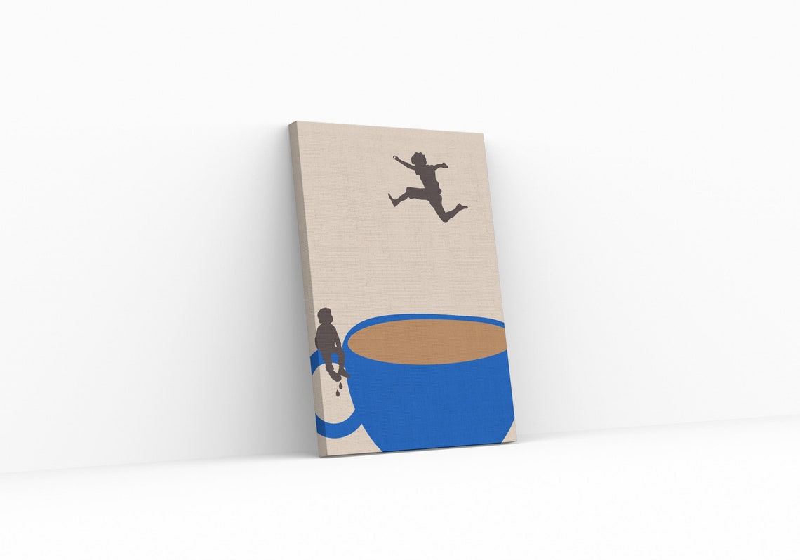 Boy Jumping Over Giant Blue Coffee Cup Minimalist Kitchen Art Poster - Image 2