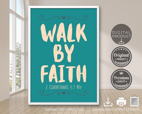 Walk by Faith Bible Verse Quote Teal Brush Typography Cream Faith Poster