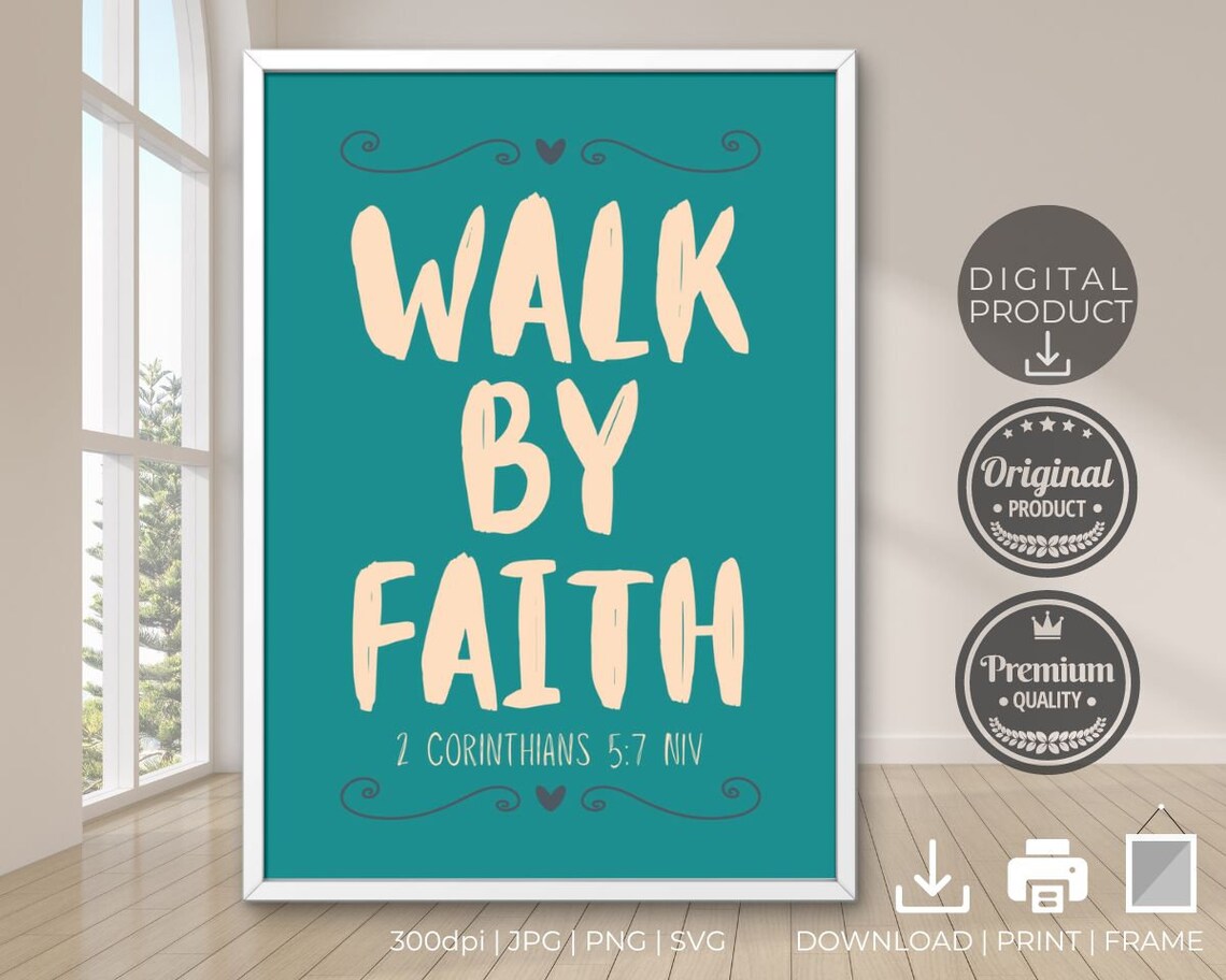 Walk by Faith Bible Verse Quote Teal Brush Typography Cream Faith Poster