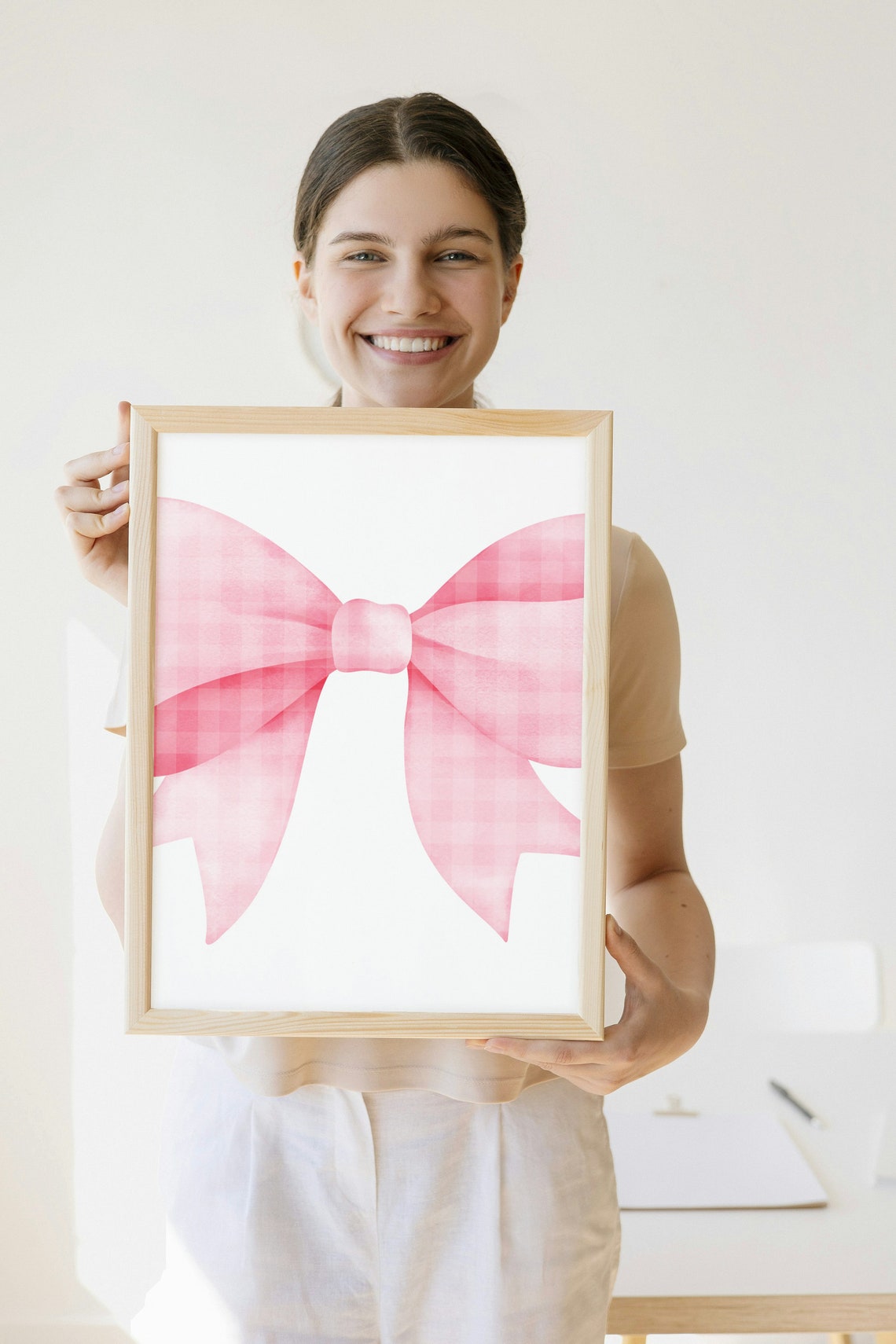 Pink Gingham Watercolor Bow Coquette Dorm Room Wall Decor Poster - Image 2