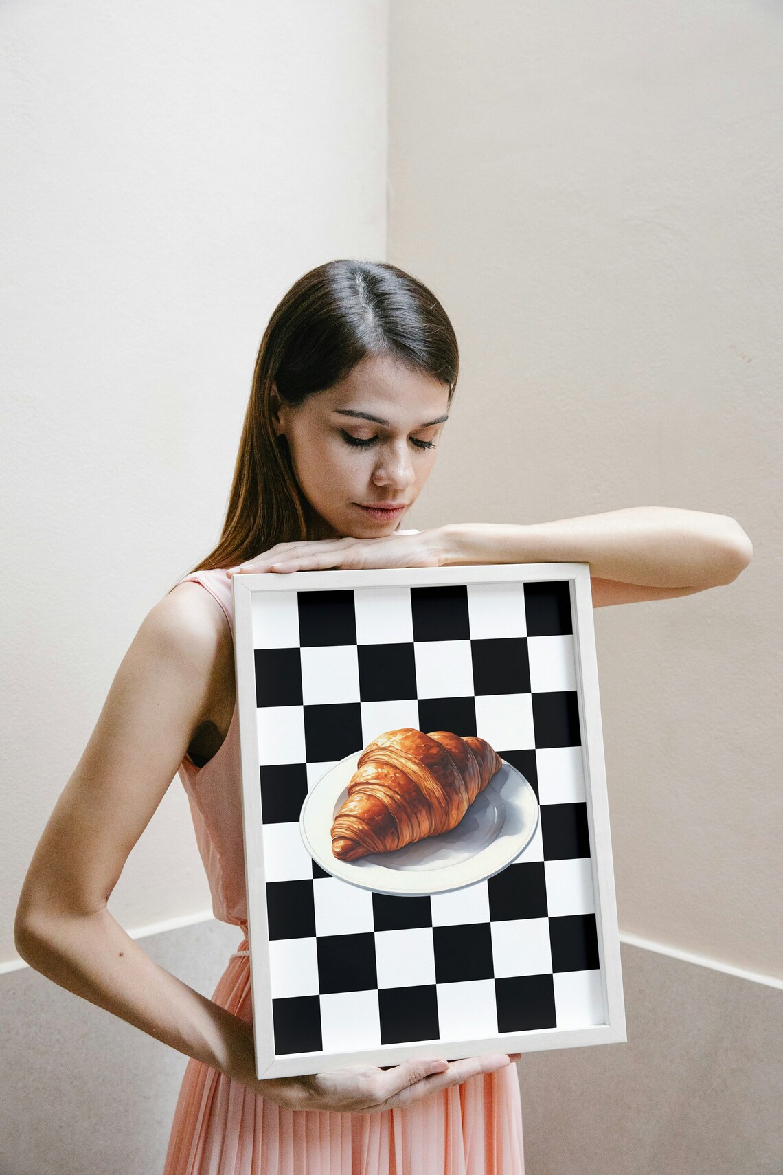 Golden Croissant French Bakery Art Checkerboard Background Poster - Image 2