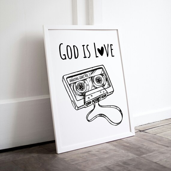 God Is Love Amazing Grace Cassette Tape Sketch Retro Faith Poster