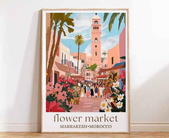 Morocco Flower Market Art Print Marrakech Travel Poster Colorful Scene Wall Decor Boho Global Illustration