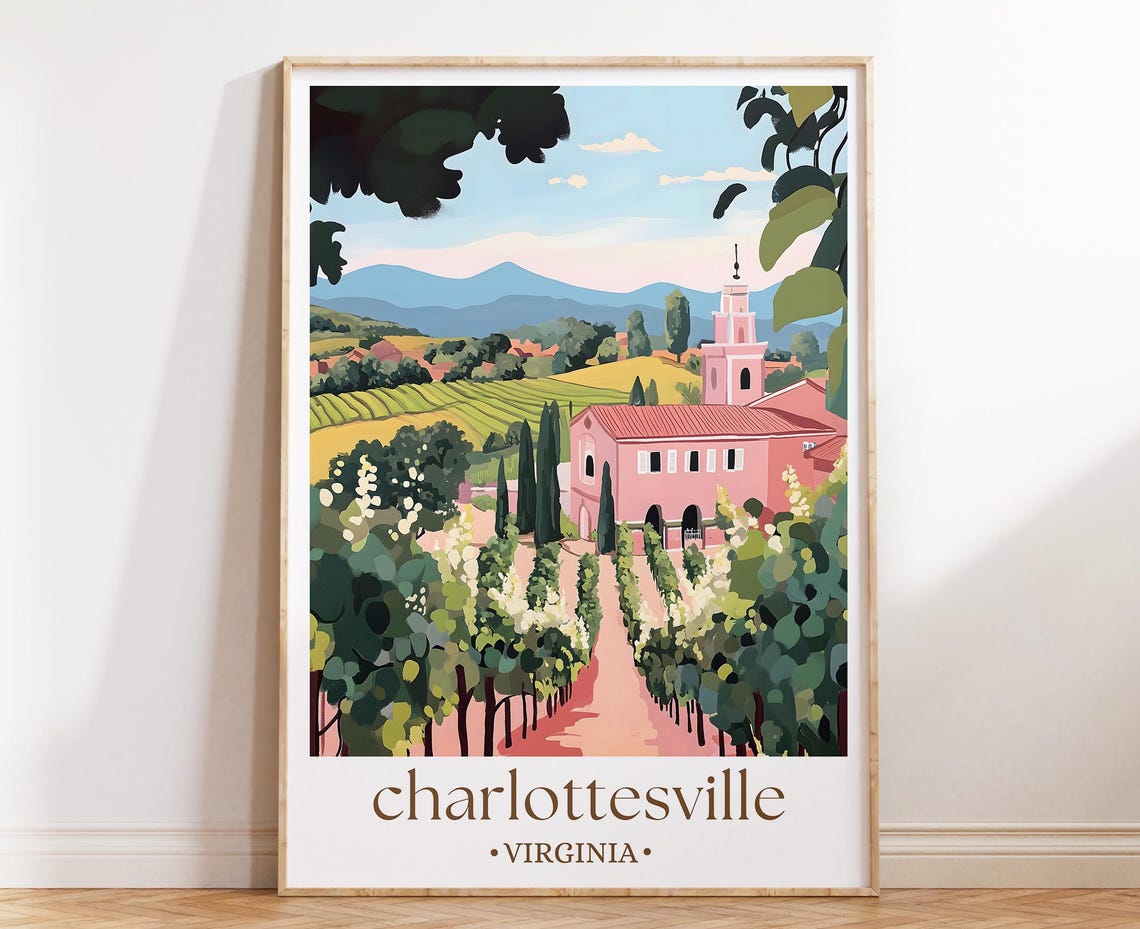 Charlottesville Virginia Travel Poster, Vineyard Landscape Print