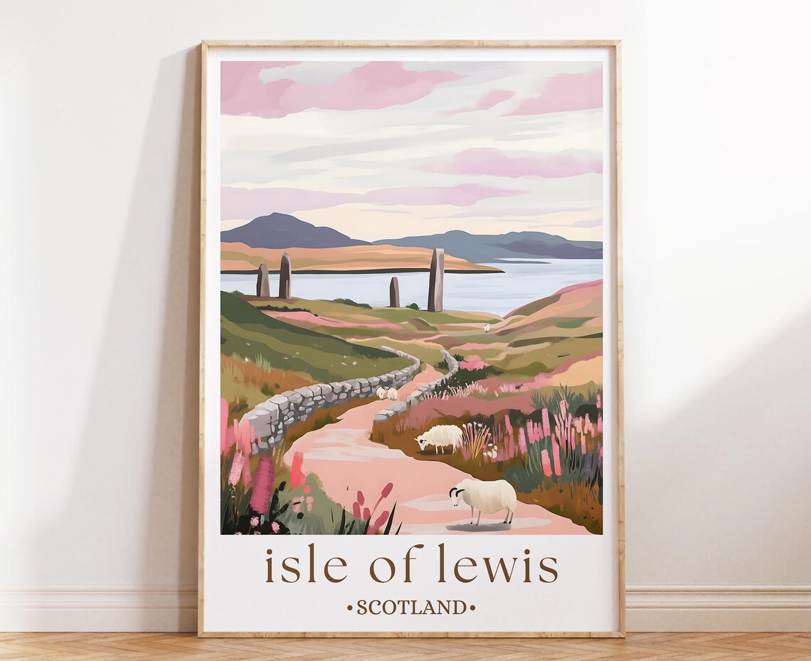 Isle of Lewis Scotland Coastal Sheep Pastel Travel Poster Art