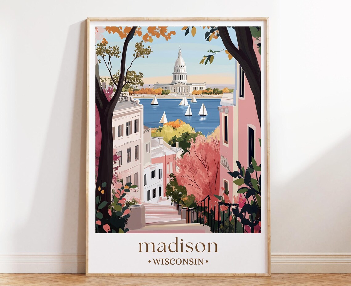 Madison Wisconsin Poster Capitol Dome Lake Sailboats Autumn Trees Art