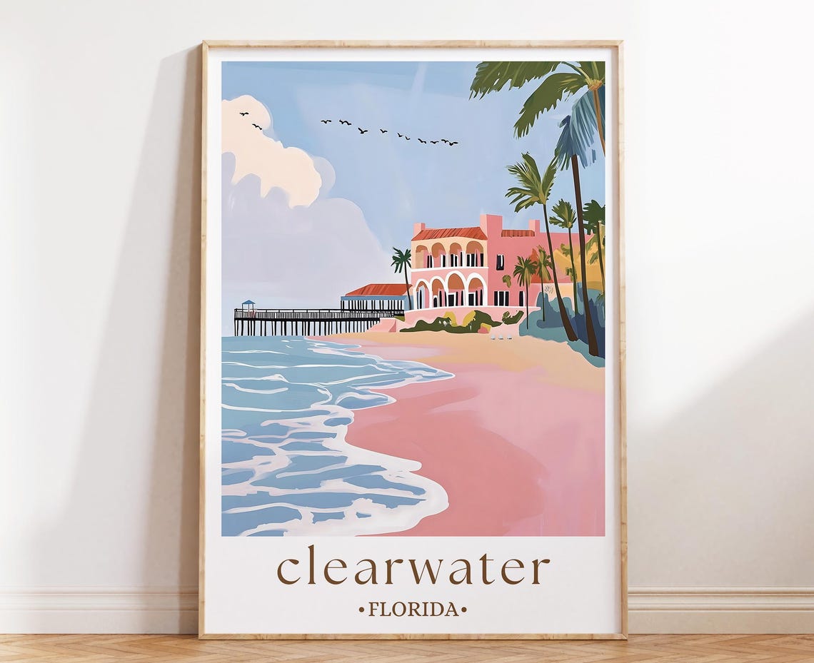 Clearwater Florida Beach Pier Palms Waves Coastal Travel Poster