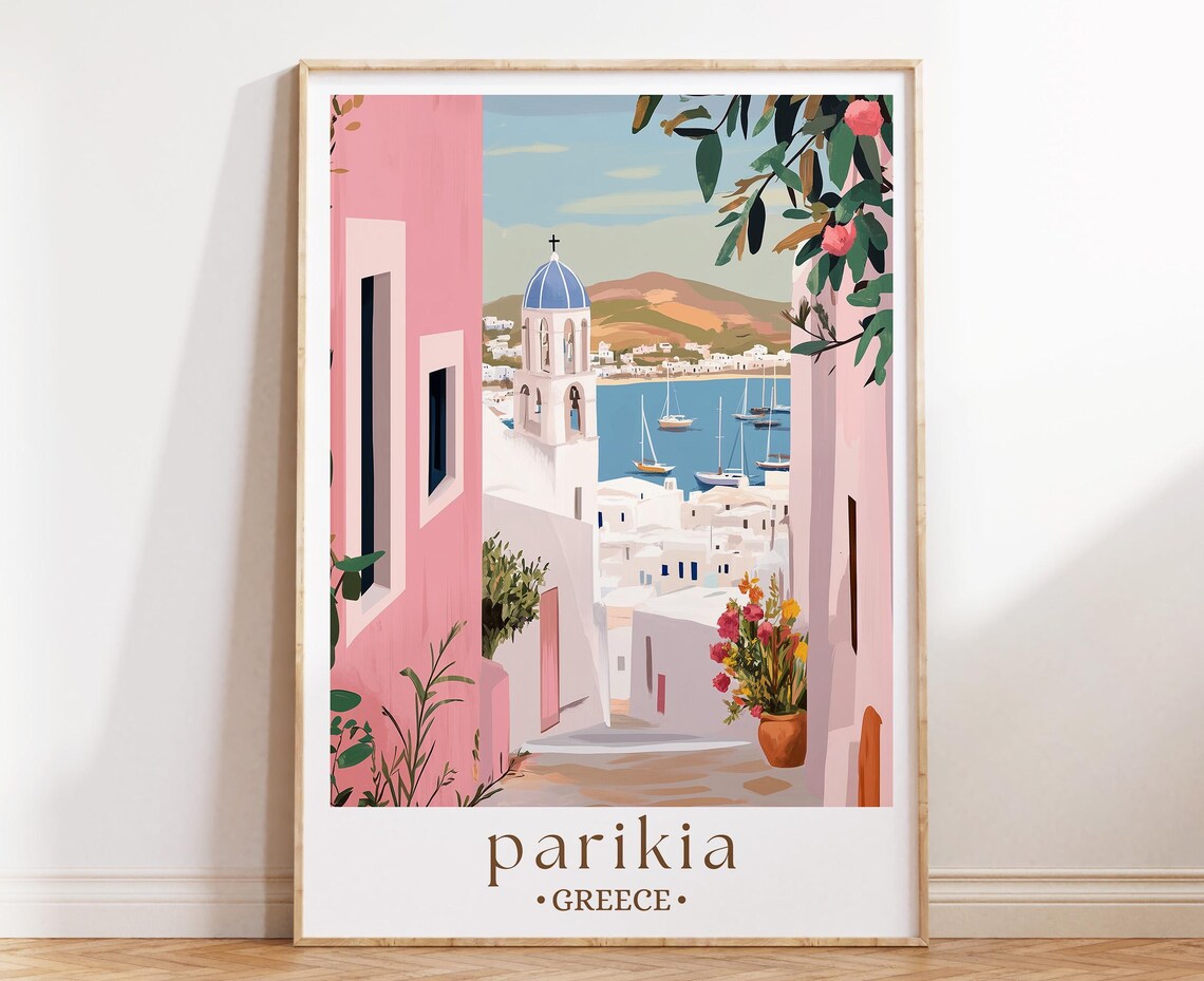 Parikia Greece Aegean Island Street White Church Harbor View Poster