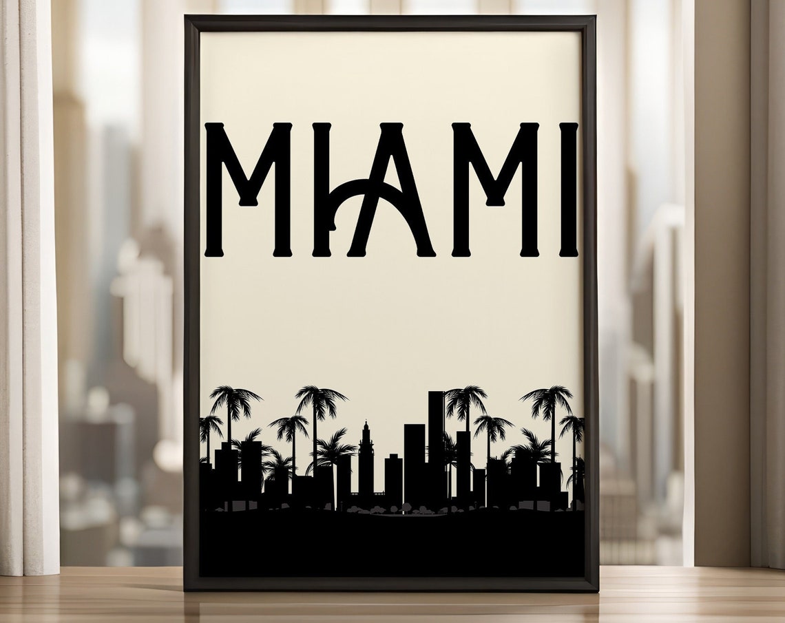 Miami Florida Skyline Palm Trees Black Silhouette City Poster