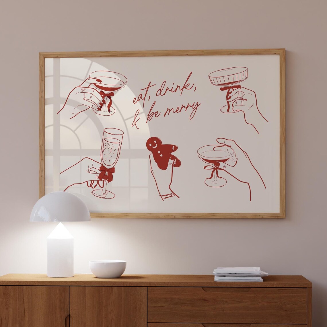 Eat Drink and Be Merry Christmas Cocktail Cheers Red Line Art Poster