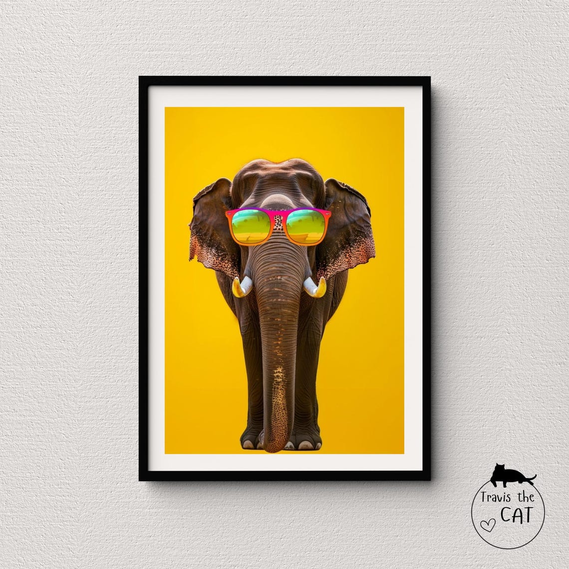 Majestic Elephant in Mirrored Sunglasses Bold Yellow Pop Art Poster