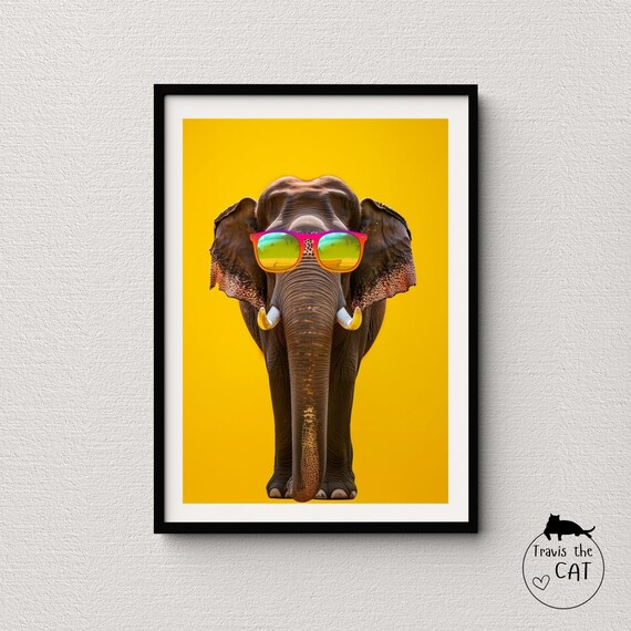 Majestic Elephant in Mirrored Sunglasses Bold Yellow Pop Art Poster