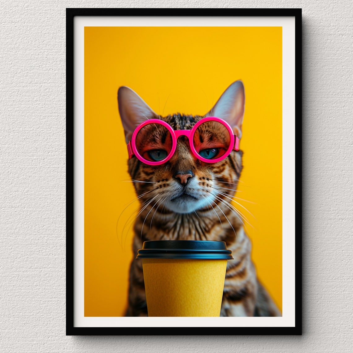 Bengal Cat Wearing Pink Glasses Drinking Coffee Cute Portrait Poster