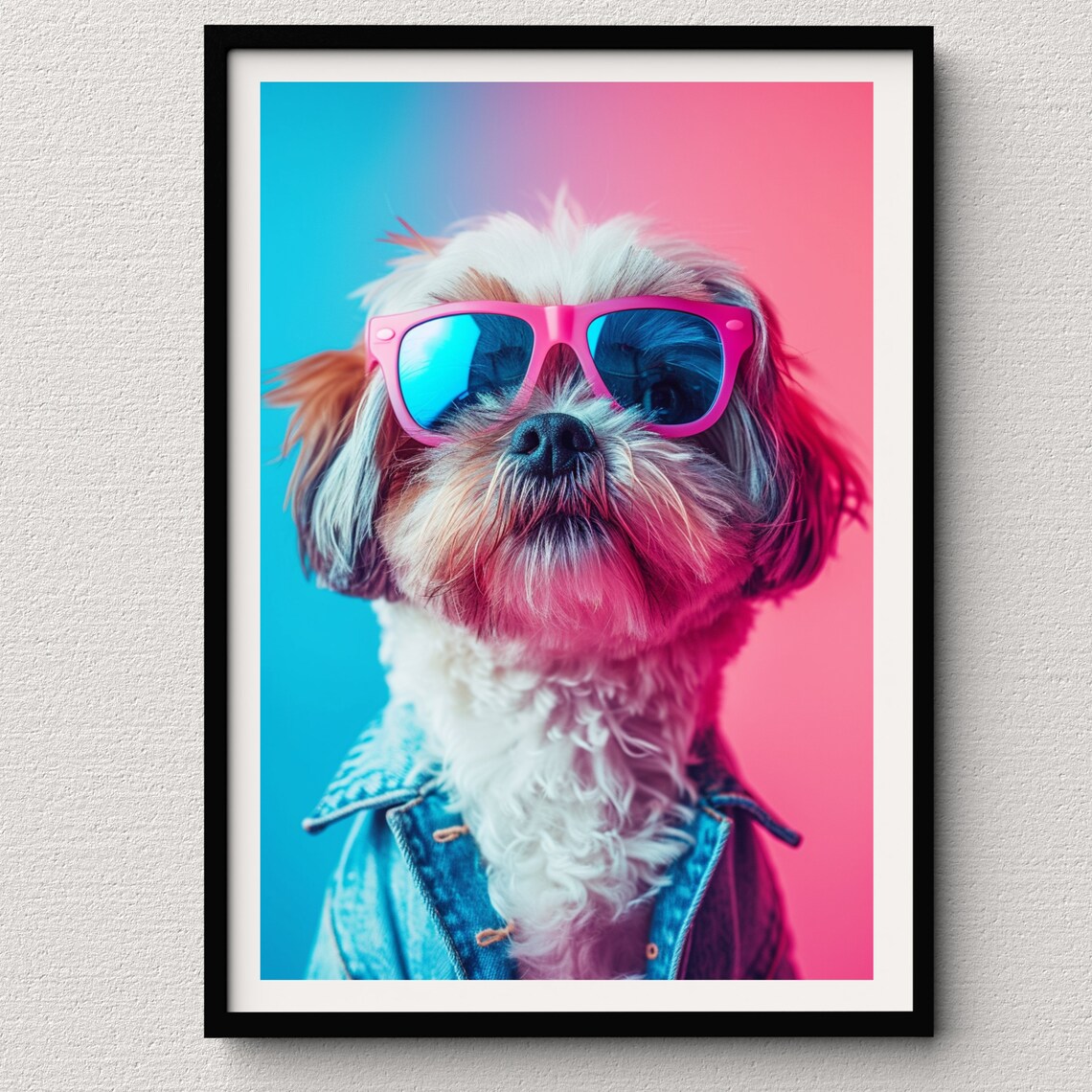 Shih Tzu Dog in Pink Sunglasses and Denim Jacket Cool Portrait Poster