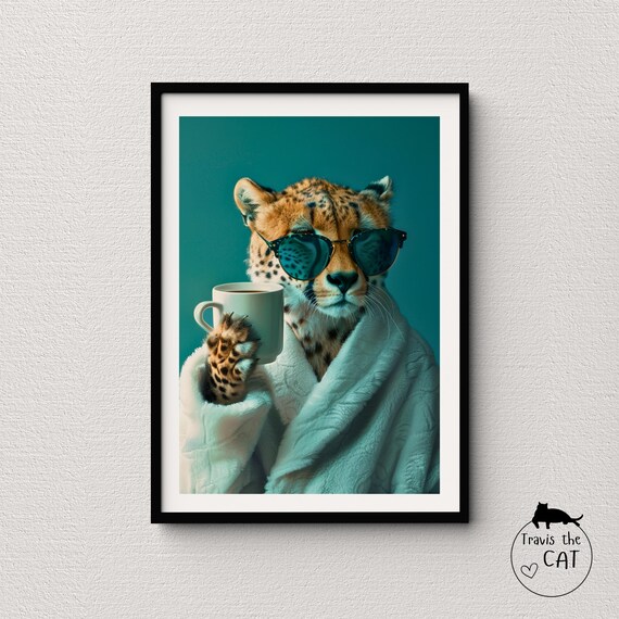 Cheetah in White Robe and Sunglasses with Coffee Cup Teal Pop Art Poster