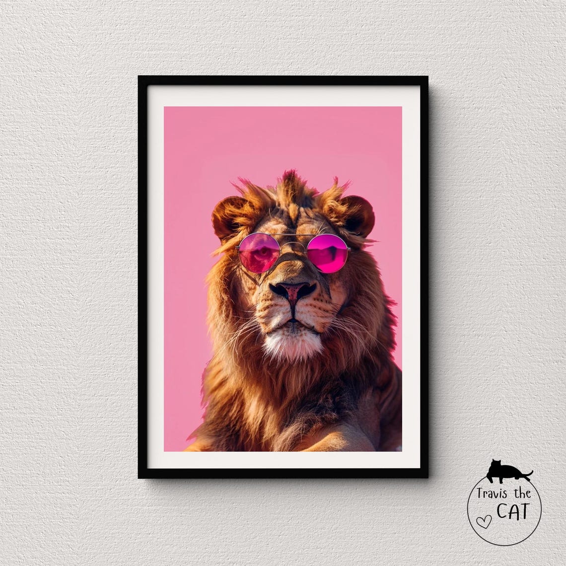 Majestic Lion in Pink Round Sunglasses on Pink Pop Art Poster