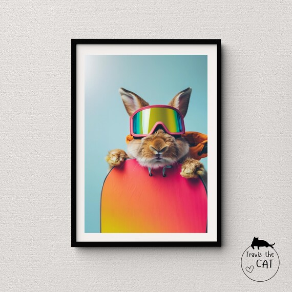 Brown Rabbit in Rainbow Goggles and Helmet Fun Snowboard Art Poster