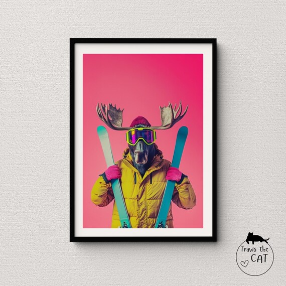 Moose in Yellow Puffer Jacket with Teal Skis Bold Pink Pop Art Poster