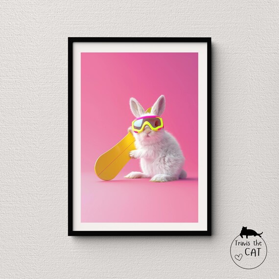 Little White Rabbit with Yellow Snowboard Cute Pink Pop Art Poster