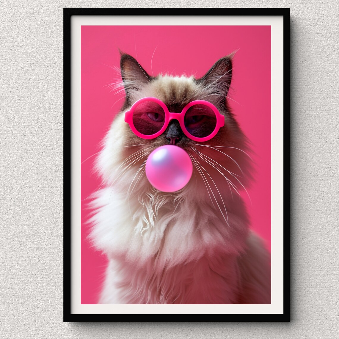 Ragdoll Cat in Pink Round Sunglasses Blowing Bubblegum Pink Pop Poster