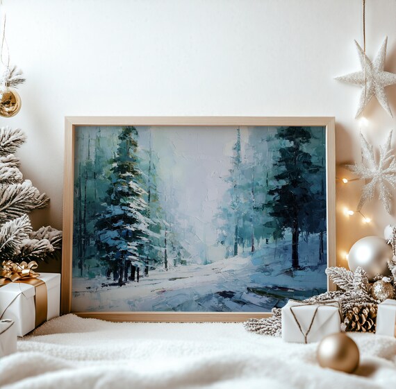 Snowy Forest Xmas Scene Art Modern Abstract Christmas Decor Winter Wonderland Painting Holiday Wall 768