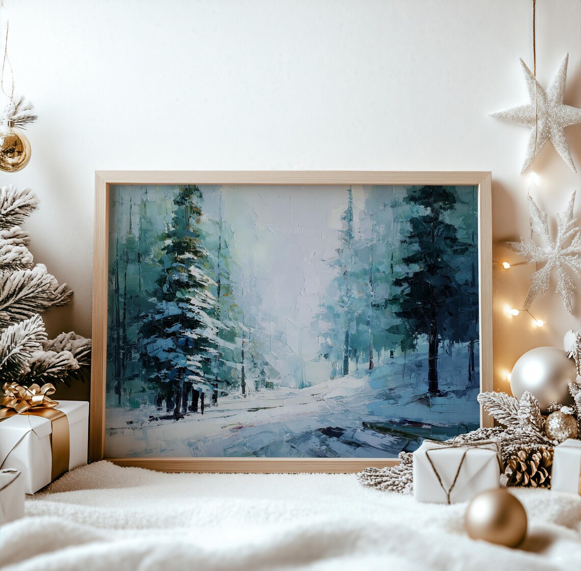 Snowy Pine Forest Winter Landscape Impressionist Oil Art Print