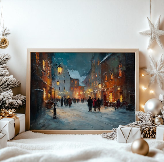 Snowy Village Street Night Warm Lantern Glow Winter Art Print