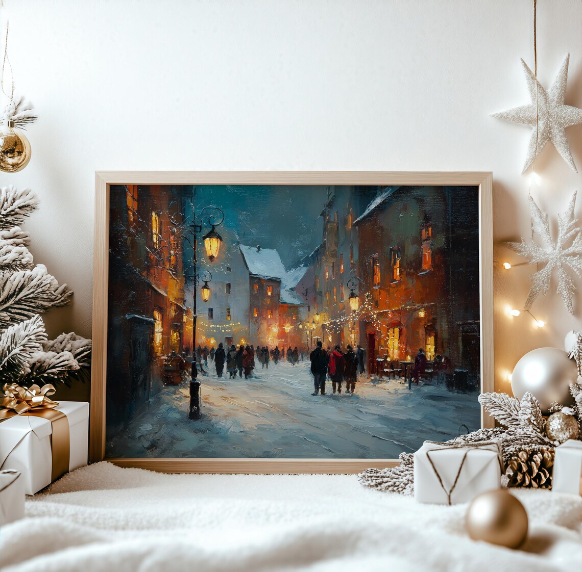 Snowy Village Street Night Warm Lantern Glow Winter Art Print