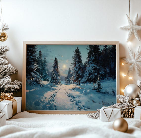 Serene Winter Forest Painting Tranquil Snowy Landscape Wall Art Vintage Scene Rustic Decor Print 547