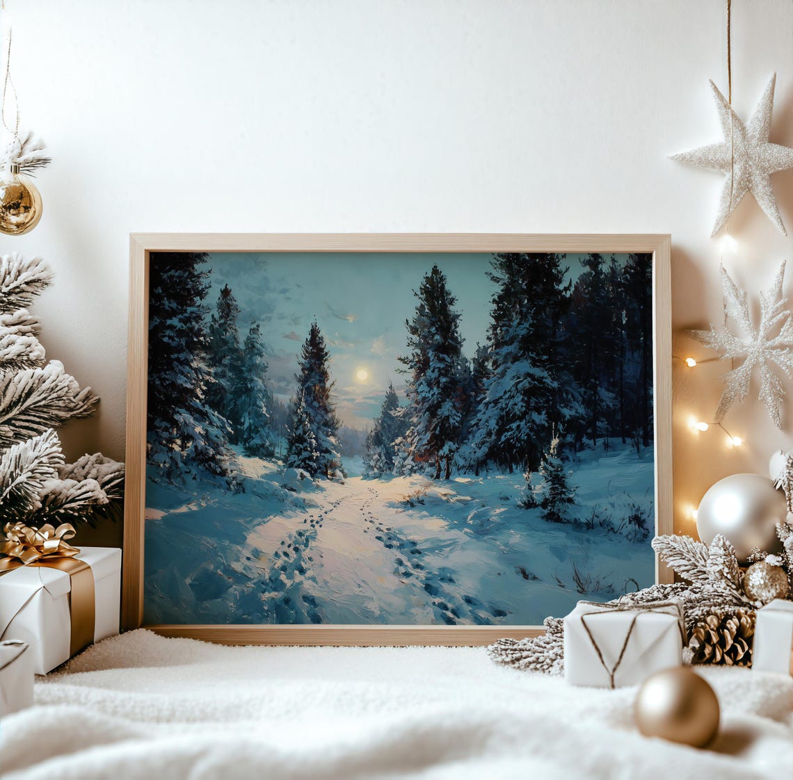 Moonlit Winter Forest Path Snow Covered Pines Tranquil Night Poster