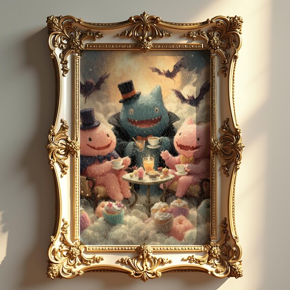 Pastel Goth Tea Party With Ghosts Vintage Halloween Wall Art Quirky Decor Oil Painting Spooky Autumn Scene 335