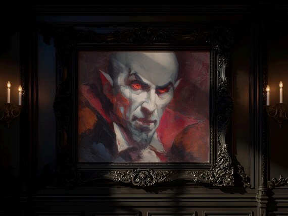 Expressive Vampire Oil Painting Moody Halloween Wall Art Dark Romantic Portrait Spooky Gothic Decor Fall Artwork 141