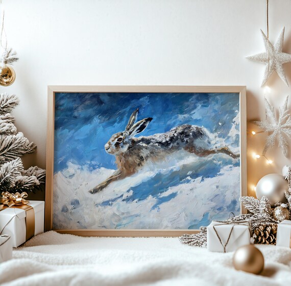 Festive Winter Hare Leaping Through Snow Expressive Painting Poster