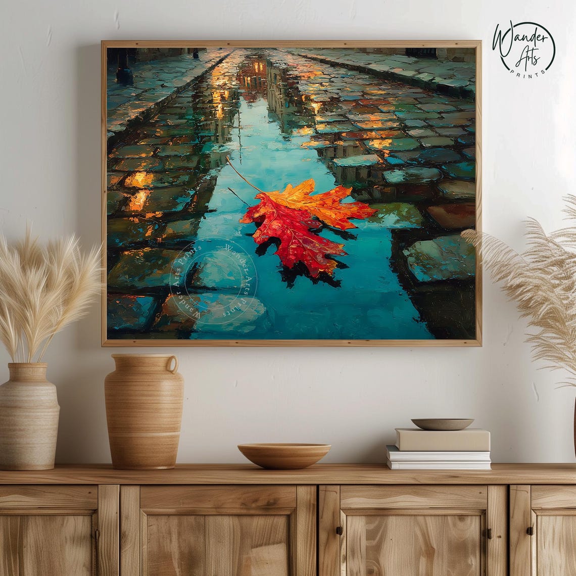 Rustic Autumn Leaves On Cobblestone Path Moody Fall Wall Art Earthy Decor Vintage Landscape Print Oak Scene 43