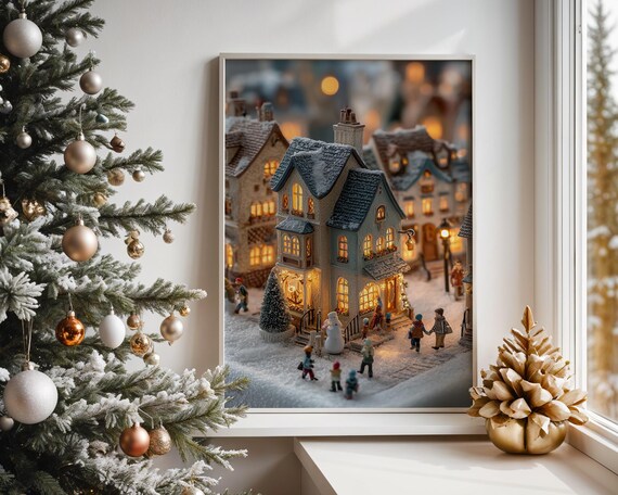 Snowy Christmas Village Street Children Snowman Night Poster