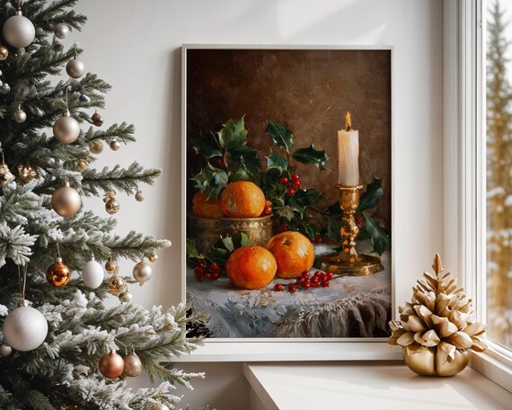 Christmas Still Life Oil Painting Oranges Holly Candle Poster