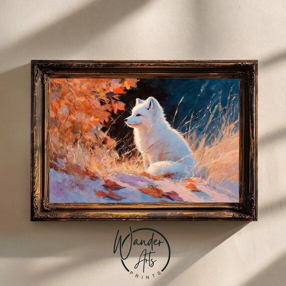 Moody Snowy Arctic Fox Rustic Winter Painting Cozy Natureinspired Animal Art Soft Brushwork Wall Decor 920