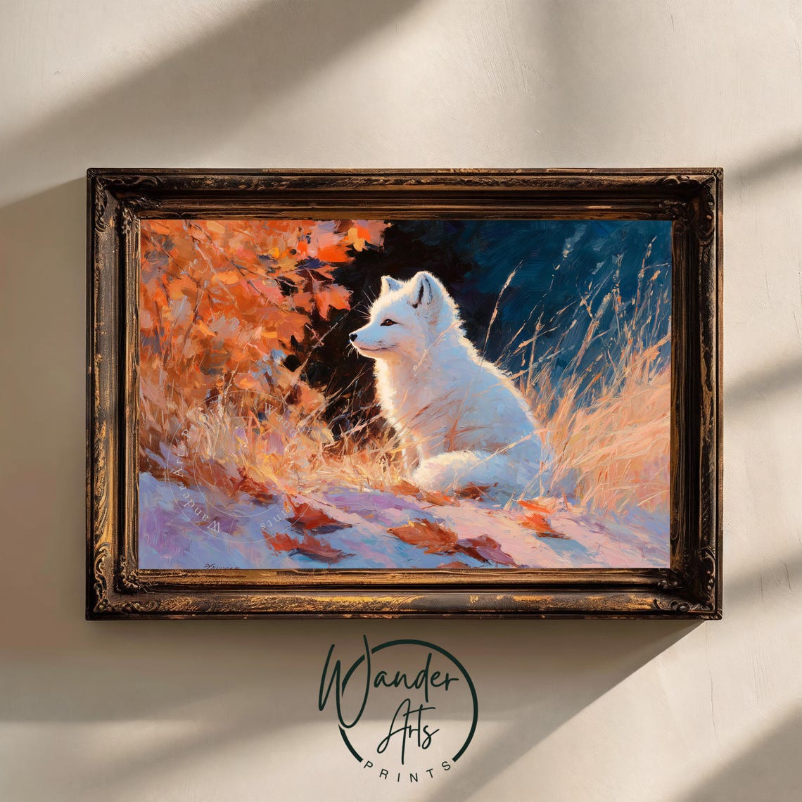 Arctic Fox Resting In Snow And Autumn Leaves Warm Light Poster