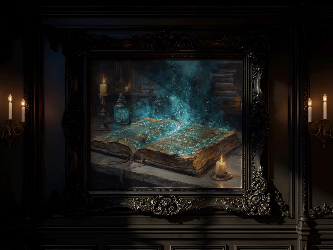 Mystical Spellbook Glowing Blue Magic Witchy Oil Painting Wall Art