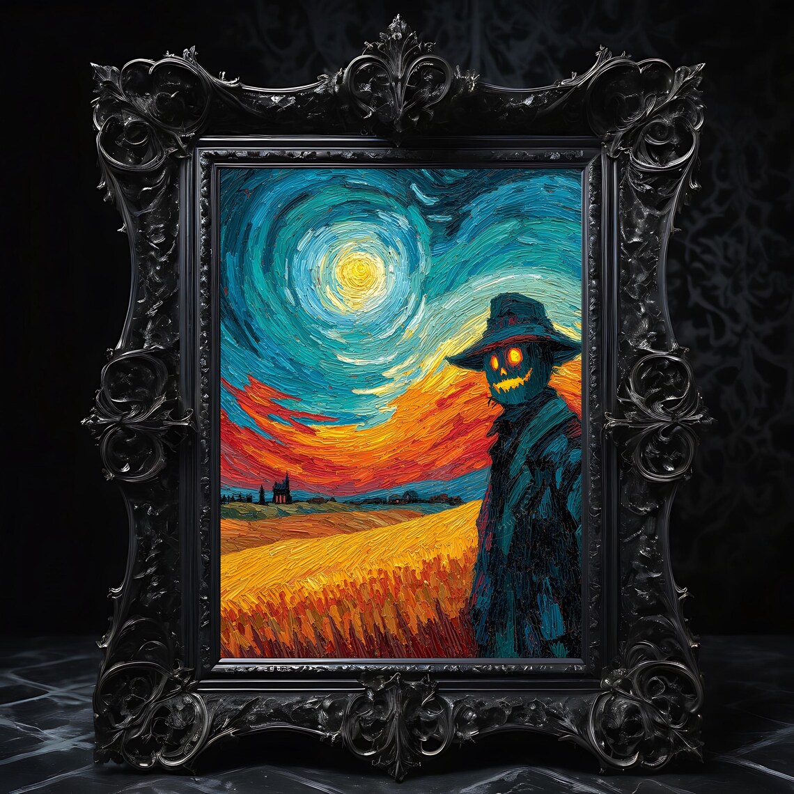 Haunted Cornfield At Dusk Painting Rustic Halloween Wall Art Spooky Autumn Decor Landscape With Scarecrow Fall Print 175